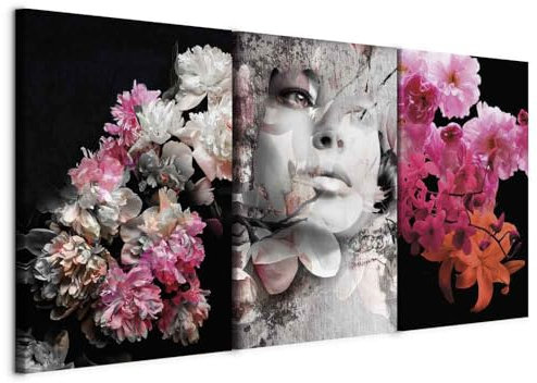 murando - Wandbilder Set 3 tlg Wanddeko Collage 3er 180x90 cm (je 60x90 cm) – Leinwandbild für Wohnzimmer und Schlafzimmer - Frauen Blumen Natur Porträts Pflanzen n-C-0230-b-e