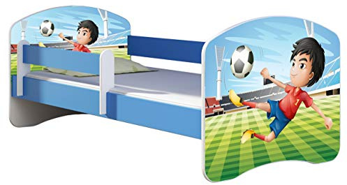 ACMA Kinderbett 160x80 cm Blau mit Matratze & Lattenrost – Jugendbett mit Rausfallschutz, personalisiertes Motiv 13 Fußballer, stabiles Kinderbett für Kinderzimmer, belastbar bis 120 kg