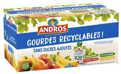 ANDROS - Compote de Fruit - Gourde Recyclable - Sans Sucre Ajouté - Goût Pomme + Poire + Fraise + Banane - Idéal pour l'Enfants - Lot de 20