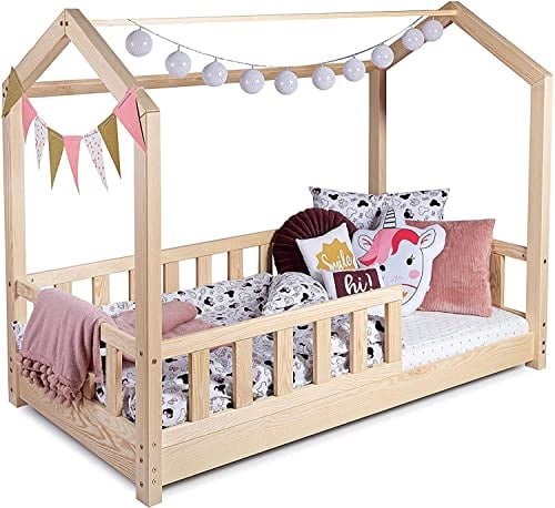 Kinderbett Bett Hausbett 80x160 mit Rausfallschutz Latternost Bettgestell aus Kiefer Holz für Haus Kinder Jungen & Mädchen - Holzbett Baby Kinderzimmer Junge Deko (Rausfallschutz: MIT)