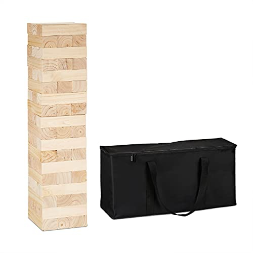 Relaxdays Wackelturm XXL, Holzturm Spiel Garten, mit Tasche, 54 Steine, Riesenwackelturm HBT: 90 x 21 x 21 cm, Natur