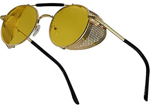 XFentech Steampunk Lunettes - Punk Rond Lunettes de Soleil Cyclisme Retro Polarisée Lunettes de Soleil pour Femmes Hommes, A1 Monture D'or - Lentilles Jaunes