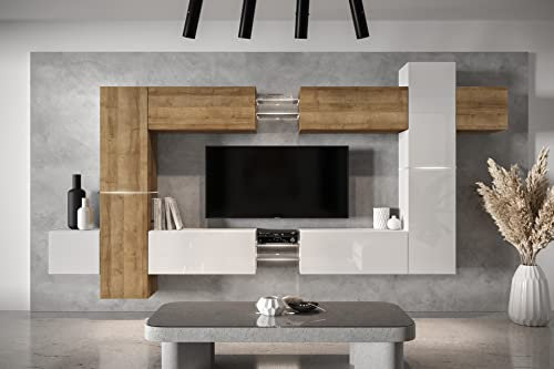 Furnitech Wohnwand Wohnzimmer - Hängend Wohnwand Modern - Wohnzimmer Schrankwand mit Regale und TV Schrank - Wohnzimmer Möbel ohne LED (AN91NEW-21DZW-HGM26)