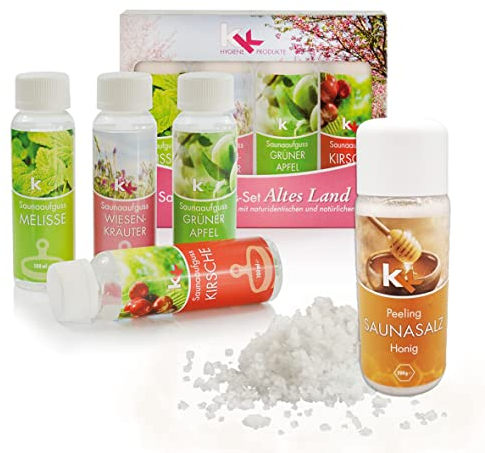 KK Sauna -Set mit Salz Peeling | KK Saunaaufgussset Altes Land 4 x 100 ml + 200 g KK Saunasalz Honig | Saunakonzentrat + Sauna Peeling Salz Honig