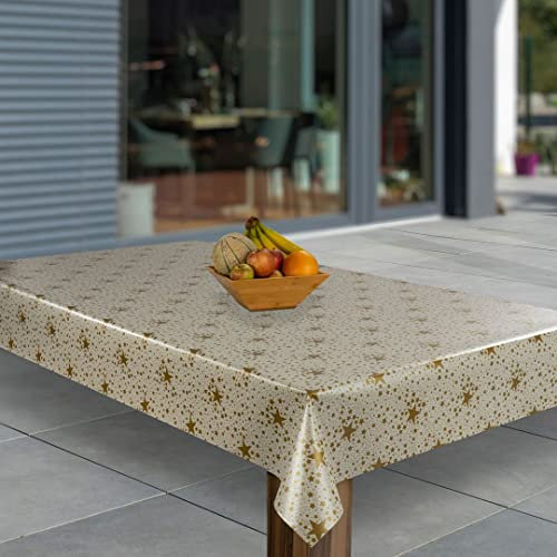 laro Wachstuch-Tischdecke Abwaschbar Garten-Tischdecke Wachstischdecke PVC Plastik-Tischdecken Eckig Meterware Wasserabweisend Abwischbar, Muster:Sterne Firmament Weiß Gold Weihnachten, Größe:130x220