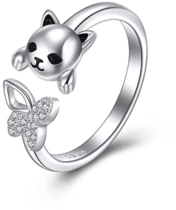 VENACOLY Katze Ring Sterling Silber Ringe für Frauen Mädchen Freche Kleine Katze Schmetterling Einfache Öffnen Einstellbare Lustige Ringe Geschenke Für Geburtstag