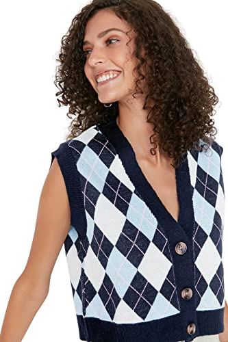 TRENDYOL Damen V-Neck Plaid Regular Sweater Vest Sweater (1er Pack)