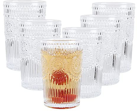 E&W Set of 6 Embossed Highball Drinking Glasses, Tumblers for Cocktails, Hot and Cold Drinks (Set of 6, 345ml)