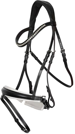Imperial Riding IRH Fria Trense ohne Zügel, anatomisch geformt, weiche Schafslederpolsterung, Stirnband mit Strass, hochwertiges Büffelleder, inkl anatomischem Nasenriemen, Schwarz-Weiß, Cob