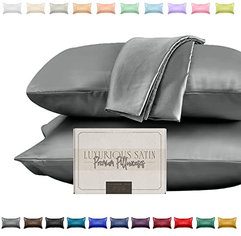 Elegant Comfort Silky and Luxurious 2-Piece Satin Pillowcase Set for Healthier Skin and Hair, Hidden Zipper Closure and Beautifully Packaged, Satin Pillowcase Set, King, Gray