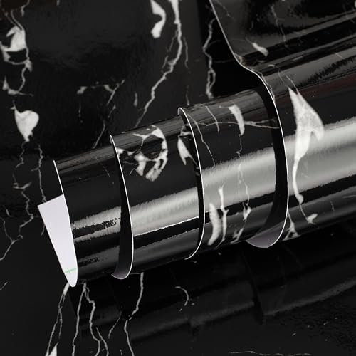 vgoltd Furniture Sticker Marble Effect Self Adhesive Vinyl Sticky Back Peel and Stick Contact Paper Roll for Kitchen Countertop Worktop Table & Door (Style 2 Black, 30W x 100L cm)