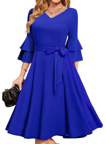 DRESSTELLS Damen Hochzeitsgastkleid Flare Ärmelkleid Bevölkerung Cocktailkleider für Frauen Vintage Kleider für Frauen Schöne und Elegante Royal Blue XL