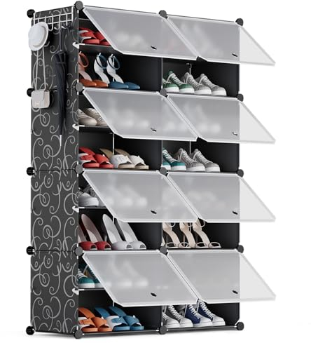 YIHATA Zapatero, 16 Compartimentos (2 x 8) para 32 Pares, Armario Paneles de Plástico, para Dormitorio Sala de Estar, Recibidores, Negro, Modular, Estantería, 30 x 40 x 30 cm Cada Cubo