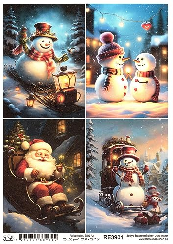 Josys Bastelmärchen Reispapier A4 Strohseide Decoupage Weihnachten Schneemann RE3901