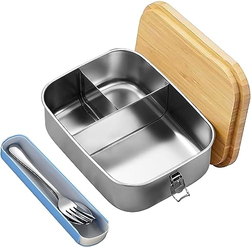 WOLAFOO Premium Edelstahl Lunchbox mit Holzdeckel 1500ML, Brotdose mit 3 Fächern, Bento Box mit Besteck-Gabel &Löffel Geeignet für Schule, Arbeit, Picknick
