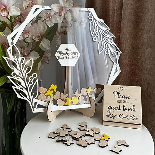 Drawelry Alternative Hochzeitsgästebuch aus Holz, personalisiertes Blumen-Schmetterlings-Gästebuch, Acryl, individueller Name mit Herzeinsätzen für Hochzeitsdekoration (Hexagon)