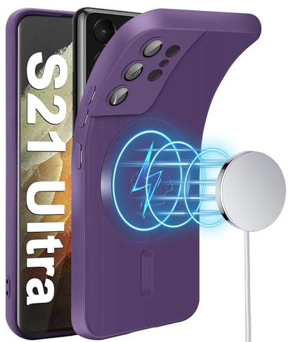 Coque de protection pour Samsung Galaxy S21 Ultra - Protection de l'appareil photo intégrée - Magnétique - Pour Mag-Safe - En silicone souple - Texture mate - S21 Ultra - Violet