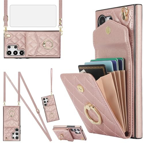 Asuwish Handyhülle für Samsung Galaxy S24 Ultra 5G Hülle mit Band Folie Schutzfolie RFID Ring Ständer Kartenfach Klappbar Geldbörse S24Ultra 24S S 24 24Ultra Handy Damen Schutzglas Phone Case Roségold
