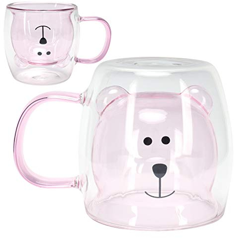 Tasses D'ours Mignonnes, 2 Pièces Tasse à Café En Verre à Double Paroi De 250 Ml Tasses En Verre Kawai Tasses D'ours En Verre Avec Poignée Pour Tasse D'ours à Café Au Lait(Rose)