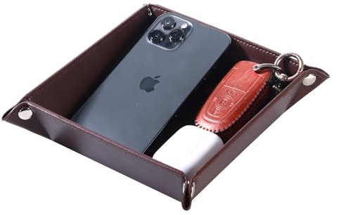 LISRSC Leather Valet Tray for Men and Women - Jewelry Tray Nightstand Organizer - Bedside Vanity Tray - Dresser Catcahll Tray - Desk Organizer and Storage for Keys, Phone, Wallet, Coin(Square, Brown)