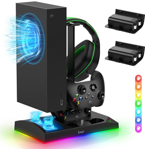 Support de Chargeur avec Ventilateur de Refroidissement pour Xbox Series S Console & Manette,Station d'accueil Verticale avec 2 x 1400mAh Batterie Rechargeable & Couvercle (Noir LED)