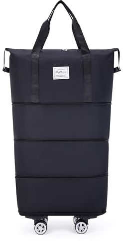 Reisetasche mit Großem Fassungsvermögen, Faltbare Gepäcktasche mit Rollen, wasserdichte, Leichte Koffer Ohne Teleskopgriff (Schwarz)