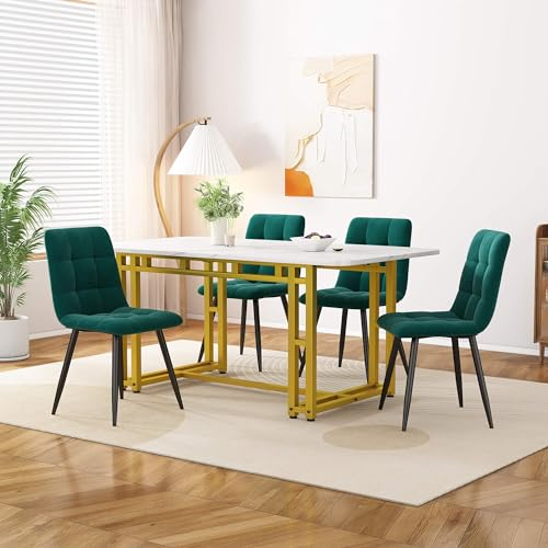 HYUB Esszimmergruppe mit Esstisch und 4 Grün Stühlen, Esszimmerset mit Golden Tischbeine, für Küche und Wohnzimmer, Scandinavian Essensstuhl aus Samt, für Familientreffen Geeignet