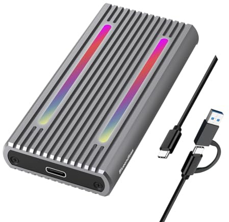 AMIUHOUN USB C Dual Protocol M2 NVMe SSD Enclosure 10Gbps PCIe SSD Box M.2 NVMe NGFF SATA 5Gbps SSD Disk Case with RGB LED Light, Easy to Use Fine Workmanship, 500452789