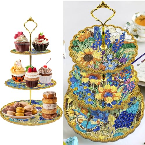 3 Tier DIY Diamond Painting Cupcake Stand, Food Tray, Diamond Painting Serving Tray, Diamond Painting Display Tower Tray, Cupcake Stand for Birthday, Wedding (Sunflower)