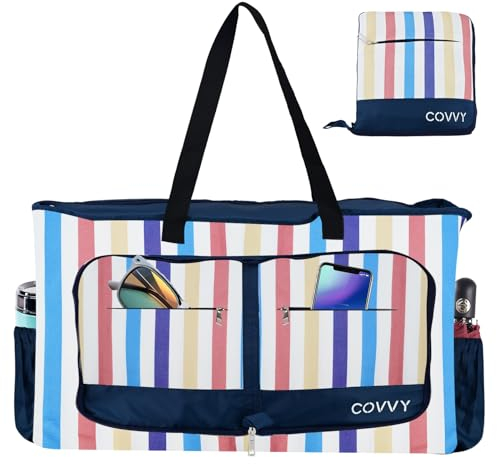COVVY Strandtasche, Extra große Frauen Tote Bag mit Reißverschluss, Wasserdichte Telefontasche, Flaschenöffner, Mehrere Taschen, Wasserdichte sanddichte faltbare leichte Umhängetasche für Urlaub, Reis