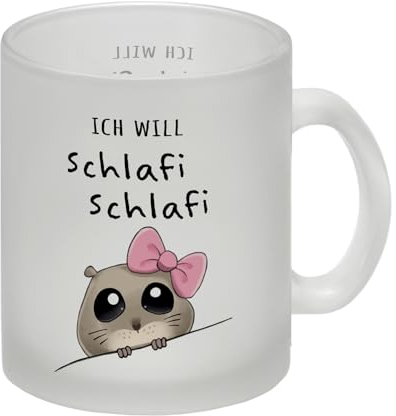 Meme Hamster Glas Tasse mit Spruch Ich will Schlafi Schlafi Berühmte Traurige Maus mit Kulleraugen Trendiger Hamstertrend Meme-Fans Hamstertasse