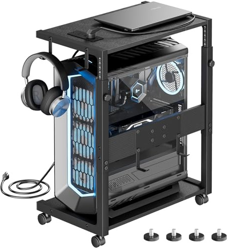 JANE EYRE Computer Tower Stand - Adjustable PC Tower Stand CPU Holder Cart with Charging Station for Office Home Classroom,23.03-28.3 H, black