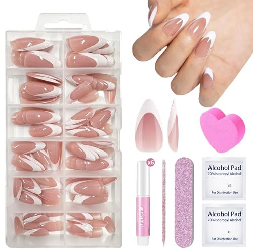 DMQ French Press On Nails with Glue, 120Pcs Almond False Nails Short, French Tip Nude Color Fake Nails, Full Cover Stick on Nail Tips for Women Girls French Nail Art Decorations