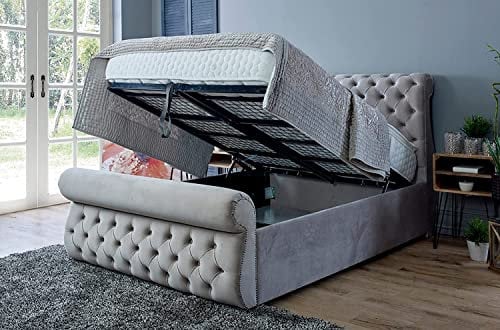 Home Interior Plush Velvet Fabric Upholstered Ottoman Swan Sleigh Bed - UK Made - Heavy Mesh Frame (Steel Plush, Small Double (4ft))