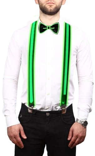 Vmxlso 1 Set LED Hosenträger Herren und Fliege, Verstellbare Leuchtende Hosenträger Herren, LED Hosenträger mit 3 Blitzmodi, Leuchtende Hosenträger für Rave, Party, Bar, Musikfestival, Halloween(Grün)