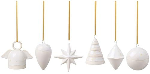 like. by Villeroy & Boch Winter Glow Ornamente-Set 6-teilig, Kleine Anhänger in 6 verschiedenen Formen, Weihnachtliche Dekoration, Christbaumschmuck, Premium Porzellan, Beige