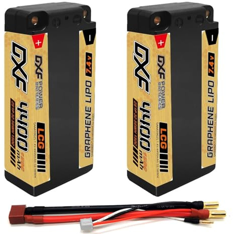 2S LiPo Battery 7.4V 4400mAh 150C Hard Case 2 Pack, DXF Short RC Battery with Deans T Plug 5mm Connector for 1/8 1/10 Scale RC Car Truck Buggy Truggy Boat Helicopter Racing Hobby Models
