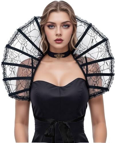 Spitzenkragen Feder Umhang Spitze Gothic Kostüm Federumhang Damen Stola Kragen Accessoire Viktorianisch Raben Kostüm für Halloween, Karneval, Cosplay, Maskerade, Bühnenshow
