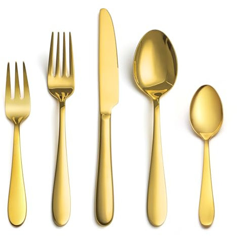 EIUBUIE Goldenes Besteck Set 6 Personen, 30 Teiliges Premium Edelstahl Besteckset, Glänzendes Goldenes Essbesteck mit Messer Gabeln Löffel, Elegantes Tafelbesteck für Haus/Party, Spiegelpoliert