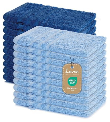 Lavea Elena Lot de 20 Gants de Toilette 15 x 21 cm – Gants de Toilette absorbants et Doux en 100% Coton éponge – Gants de Toilette lavables et résistants – Bleu Dauphin et Bleu Roi
