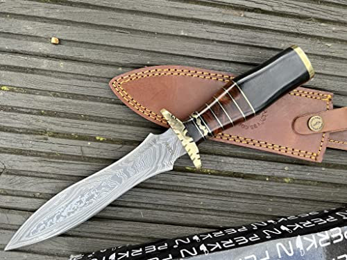 Perkin Damastmesser Jagdmesser mit Holzgriff, Handgeschmiedet, Damaststahl-Klinge, Messingbeschlag, Lederscheide