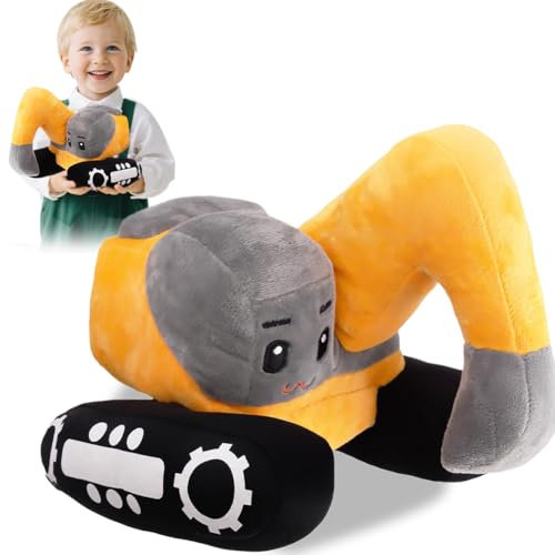 Kinder Plüsch Bagger 26*23cm Plüschtier Spielzeug, Cartoon Baufahrzeug Stofftier Kuscheltier, Ausgestopftes Plüsch-Spielzeug, Entzückende Bagger Puppe als Geburtstagsgeschenk für Jungen und Mädchen