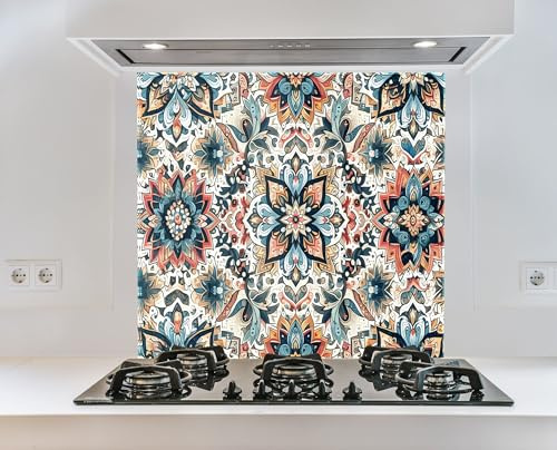 Myphotostation Spritzschutz aus gehärtetem Glas, 127 x 84 cm (B x H), Boho-Mandala-Muster, Spritzschutz für Küche, Herd, Wandpaneel, Herd-Rückabdeckung