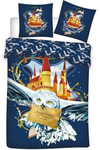 Harry Potter Bettwäsche 135x200 – 2 Motive – Kinderbettwäsche Set aus Mikrofaser – Hogwarts Design mit Hedwig oder Häuserbanner – Kissenbezug 63x63 cm, Muster: Potter-88041