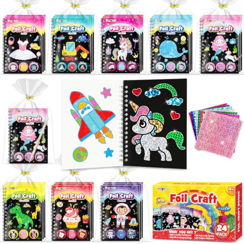 FUNNYB&G 24 Kit Foil Art attività Libri Gadget Compleanno Bambini | 2 in 1 Foil Art Libri da Colorare Bambini Regalini Fine Festa Compleanno, Regalo Giochi Lavoretti Creativi Bambini 4-10 Anni