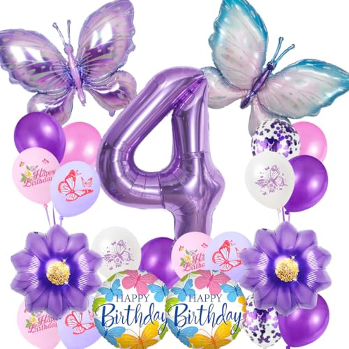 Schmetterling Ballon 4. Geburtstagsdeko Mädchen,Geburtstag Mädchen 4 Jahre,Luftballons Geburtstag Mädchen,Lila Schmetterling Folienballon,Geburtstagdeko Party Dekoration