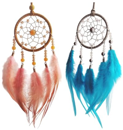 MYGLOAR 2 Stück Traumfänger, Handgefertigte Feder-Traumfänger aus ABS, Boho Stil, Wandbehang, Autodekoration, Kinderzimmer, Schlafzimmer, Geschenk für Mädchen und Kinder - Blau und Orange