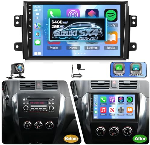 NHOPEEW 2G+64G Android Car Radio para Suzuki SX4 2006-2013 - Wireless Carplay & Android Auto - 9 Pulgadas Stereo con WiFi EQ GPS Mirror Link FM RDS + AHD Cámara de visión Trasera&Mic