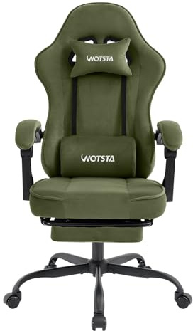 WOTSTA Gaming Chair for Adults, Ergonomic Gaming Chair with Footrest, Lumbar Support and Headrest, Adjustable Height computer chairs gaming, fabric gamer chair for Home Office, Green