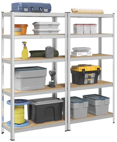 SKM Étagères de Rangement à 5 Niveaux 2 pcs Acier Bois d'ingénierie,Entreprise & Industrie,Stockage Industriel,Étagères industrielles,Argent,26.15KG,4016948